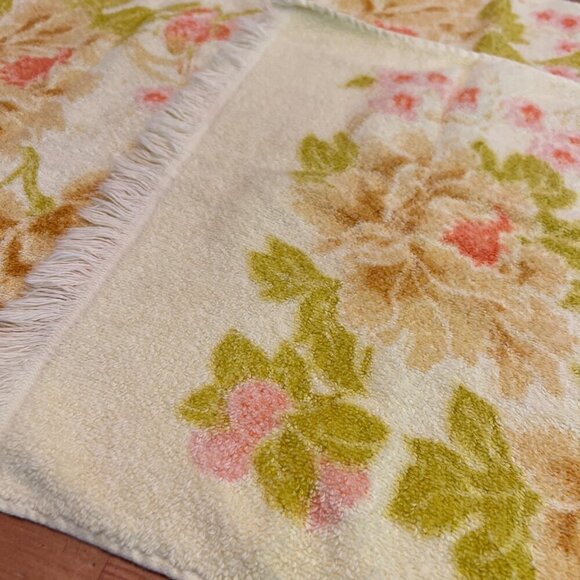 Vtg tastemaker bath Hand wash cloth Towel set 60 70s Yellow Cotton Fringe Floral - Picture 6 of 15